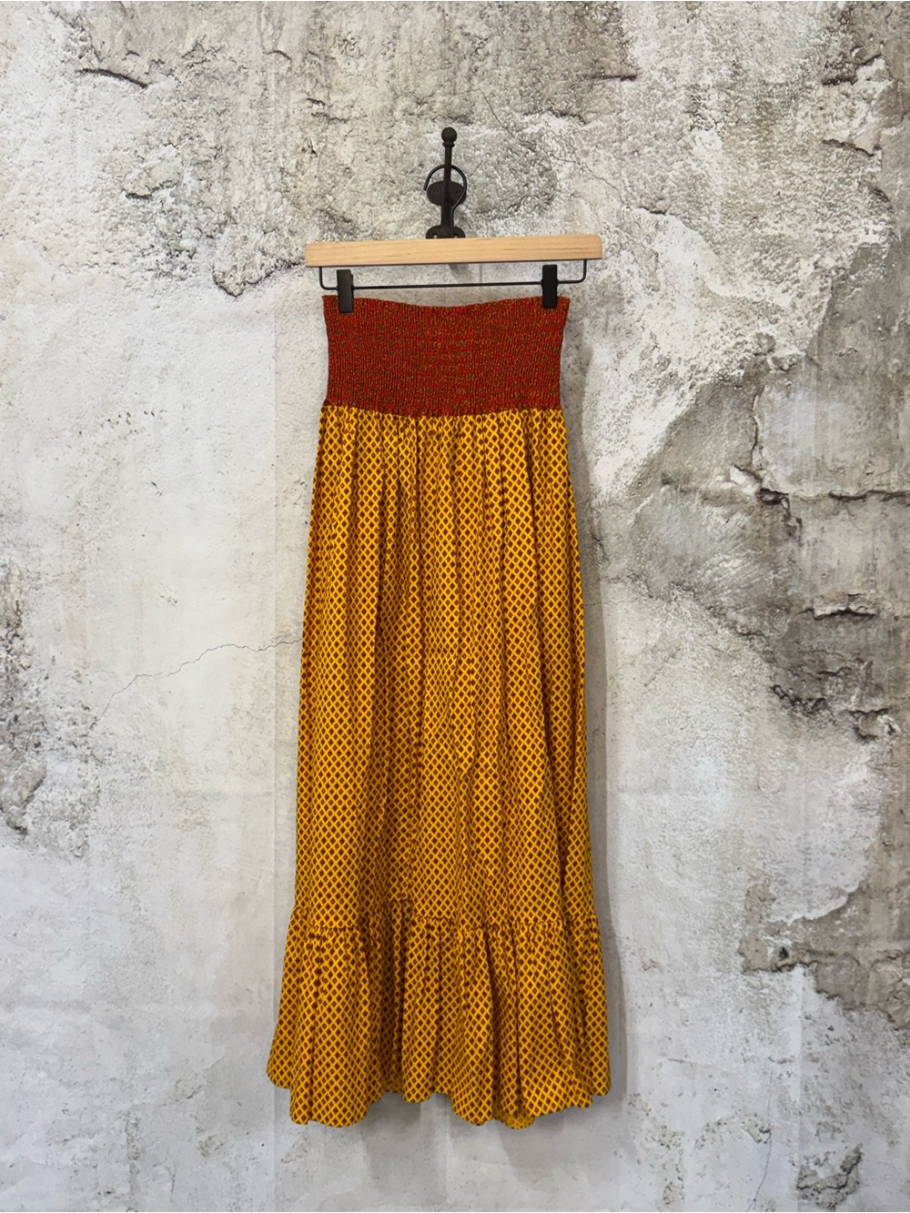 Vintage Yellow Maxi Skirt with Rust Smocked Waist